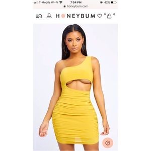 mustard yellow underboob cut ruched dress